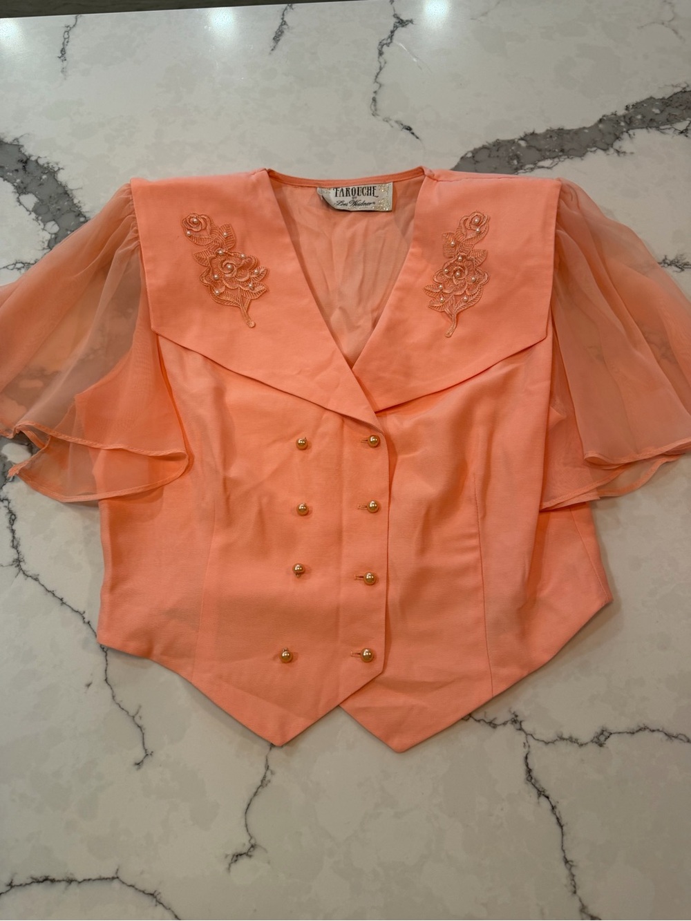 Vintage Farouche by Lori Weidner Peach Double-Breasted Peplum Top Sheer Sleeves
